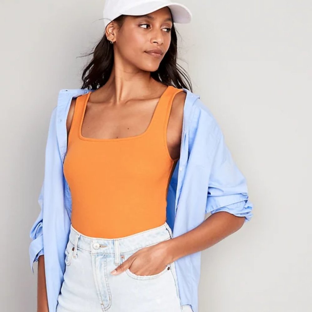 BNWT Orange Fitted Square-Neck Ultra-Cropped Rib-Knit Tank Top